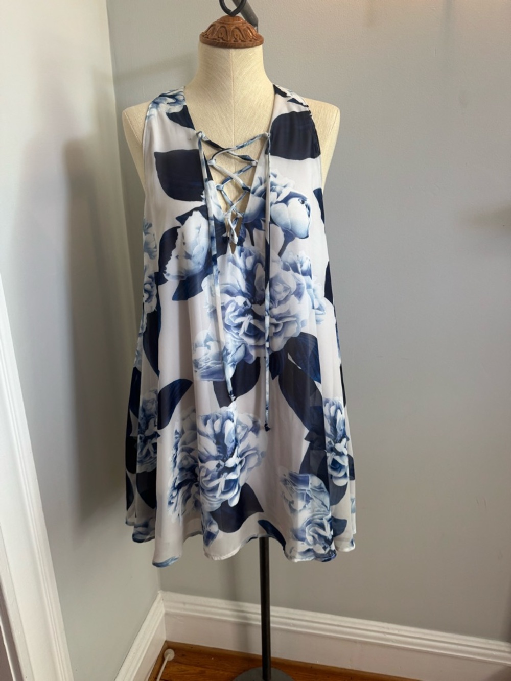 Show Me Your MuMu Navy & White Lace-Up Floral Swing Mini Dress